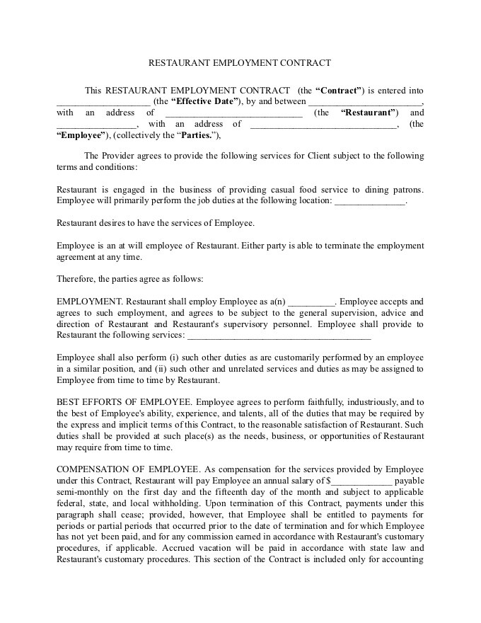 PDF Template - restaurant employment contract template