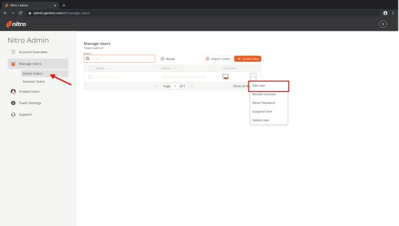 Assigning and revoking licenses menu