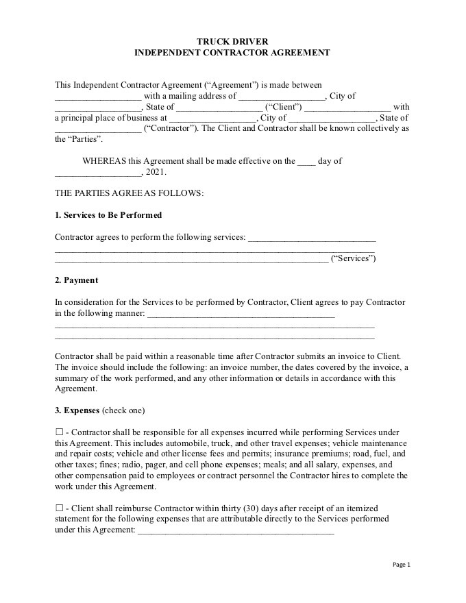 Modèle PDF - modèle de contrat de chauffeur de camion