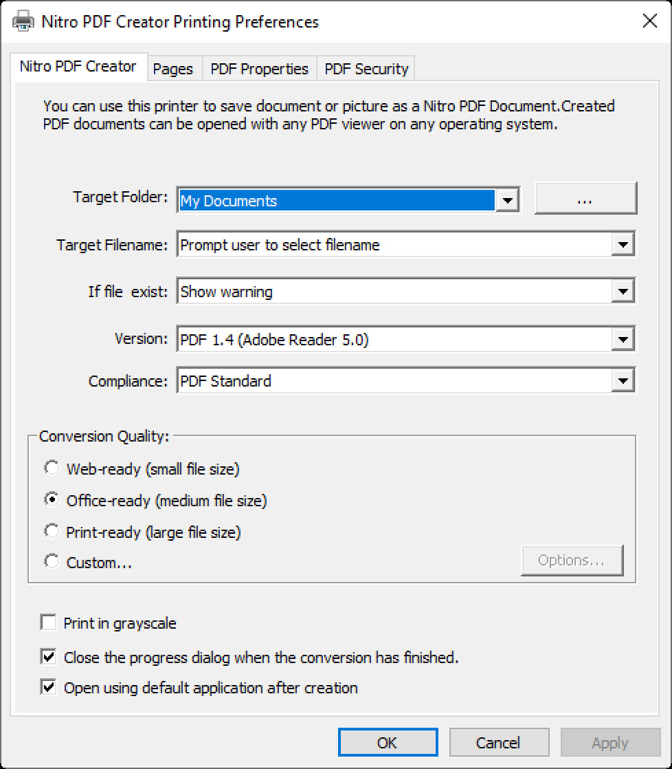 Nitro PDF Creator Preferences Nitro