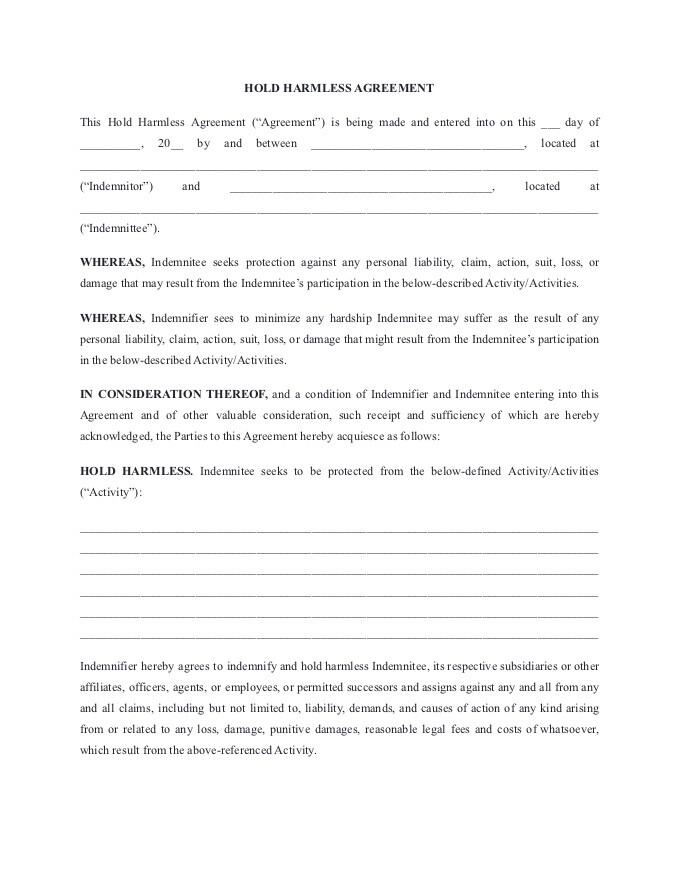 PDF Template - hold harmless agreement template