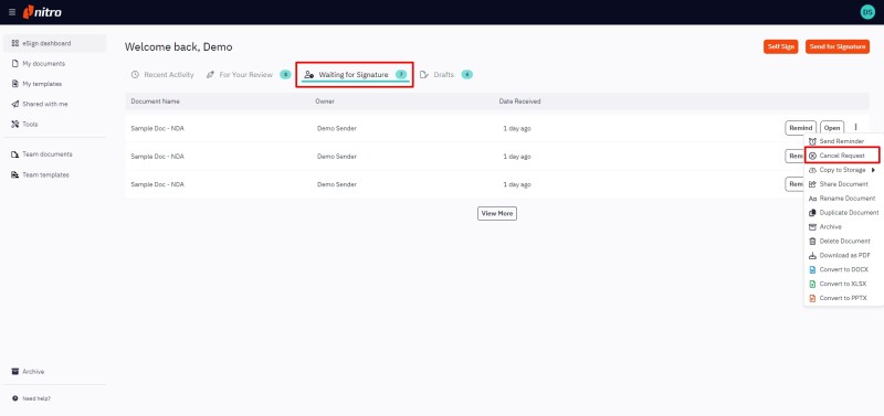 How to cancel your eSignature with Nitro Sign - Step 1
