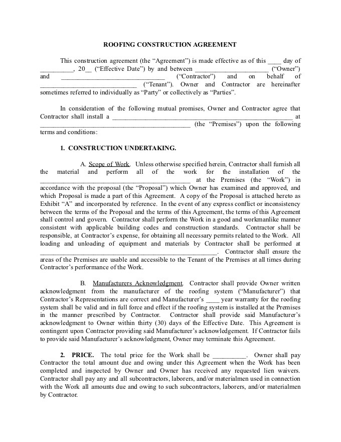 Fill In Blank Printable Roofing Contract Template