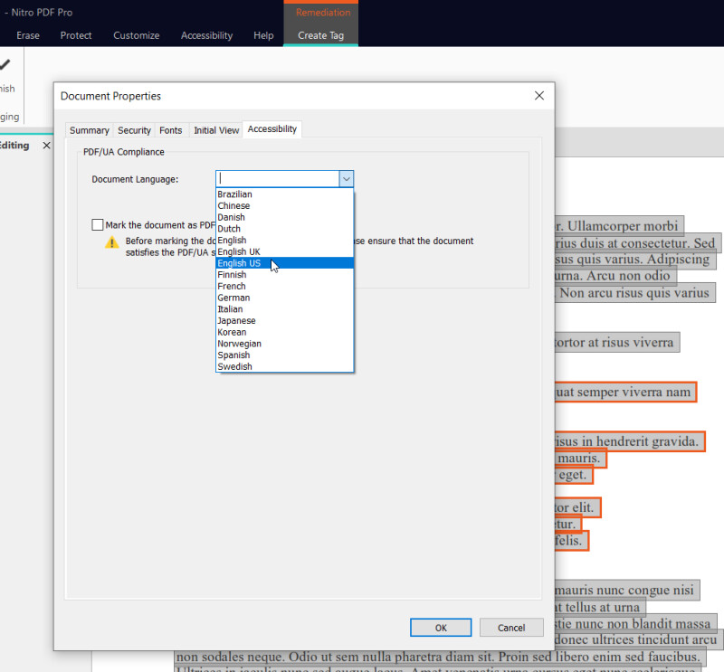 Screenshot of a dialog where the user can select the document language