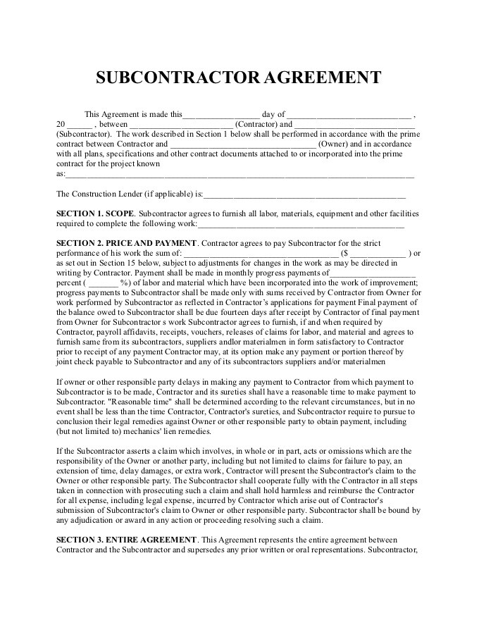 subcontractor agreement template for professional services