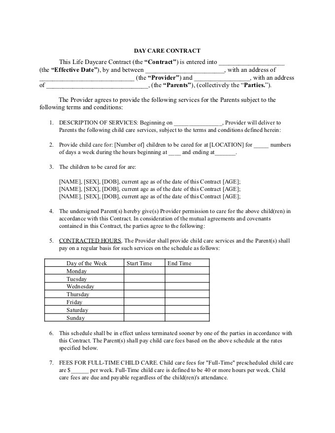 PDF Template - day care contract template