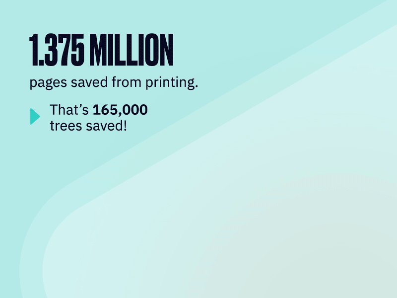 1.375 Million pages saved from printing. That's 165,000 trees saved!