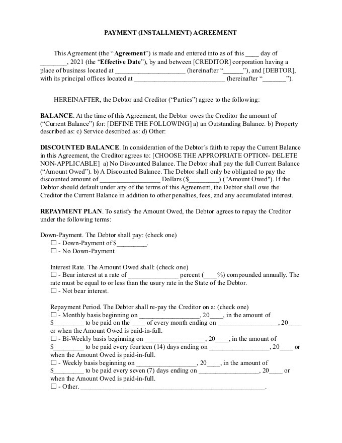 debt payment agreement template