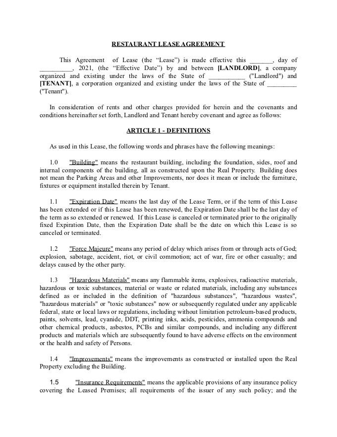 Plantilla PDF - plantilla de contrato de arrendamiento de restaurante