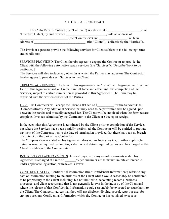 PDF Template - auto repair contract template