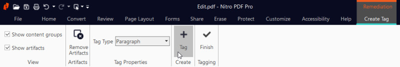 Screen capture showing the button to add a tag