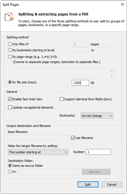 Fractionner les pages Diviser les pages par taille de fichier