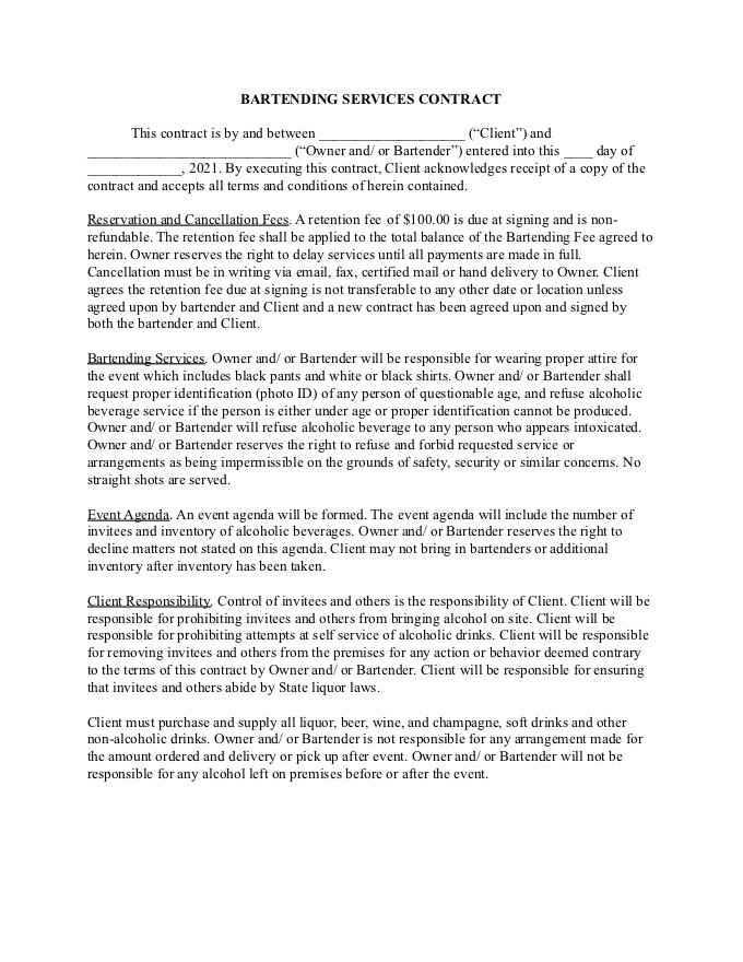 PDF Template - bartending contract template