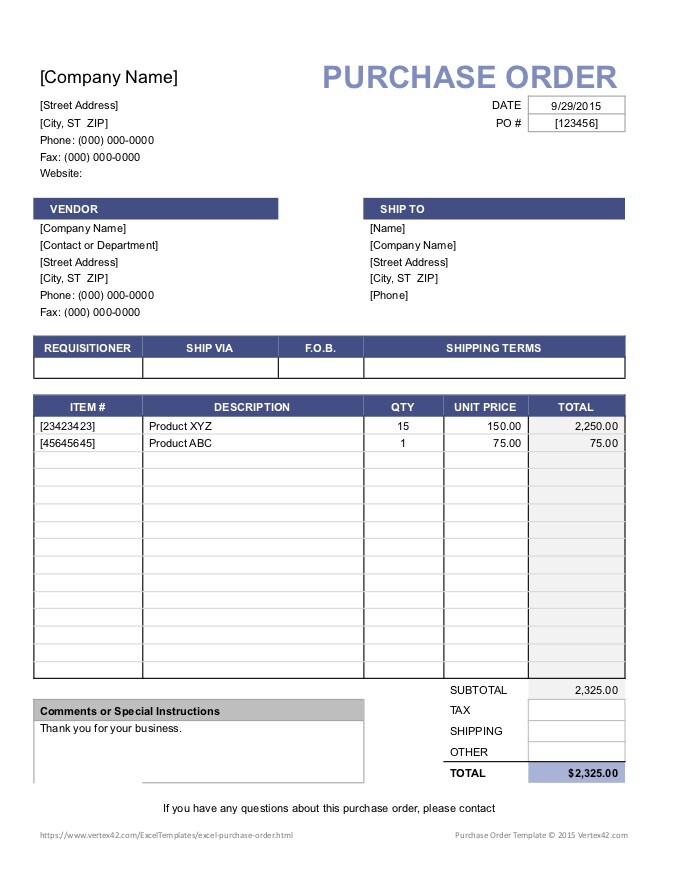 free excel purchase order template