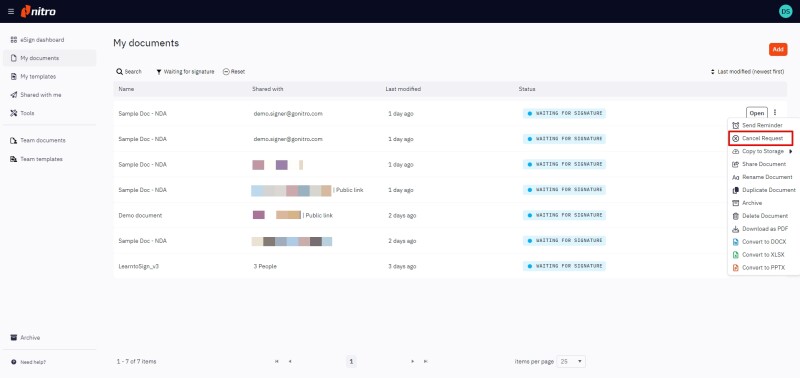 How to cancel your eSignature with Nitro Sign - Step 2