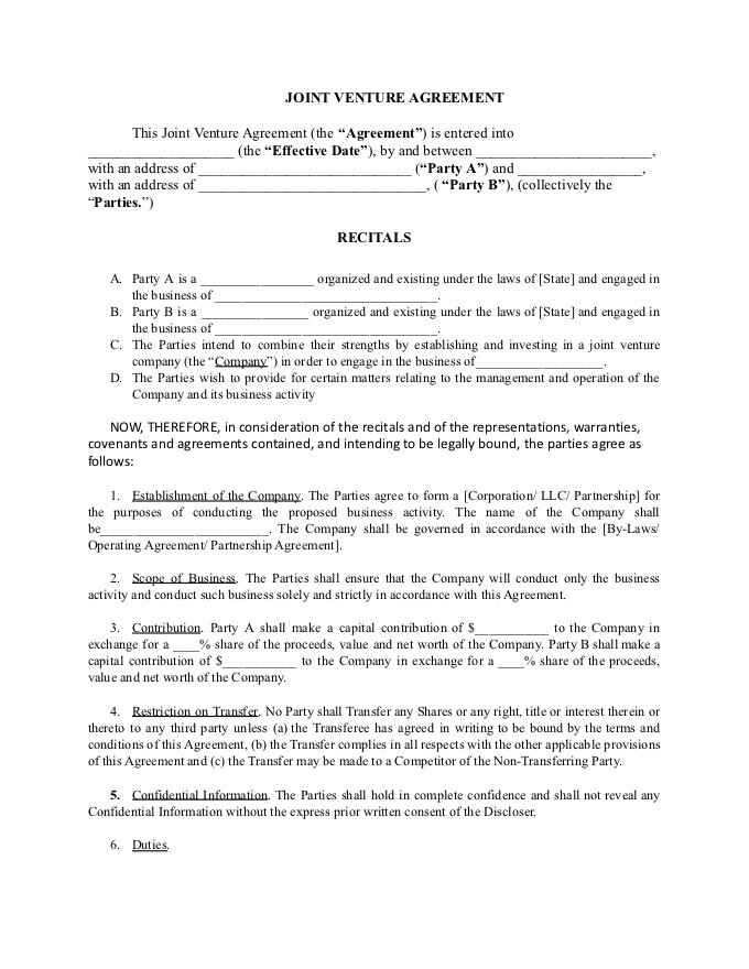 contractual joint venture agreement template