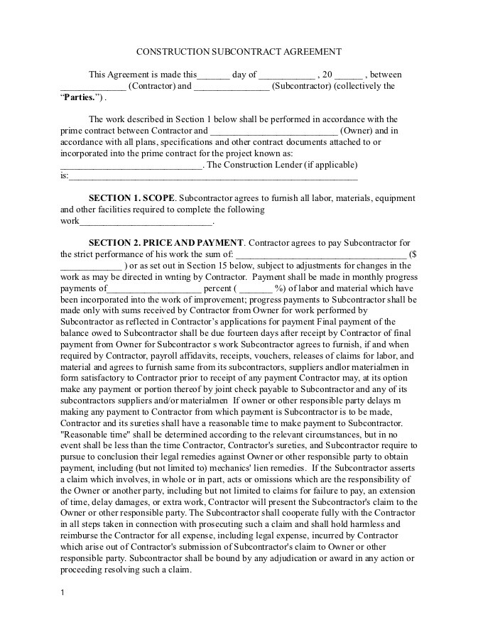 PDF Template - construction subcontracting agreement template