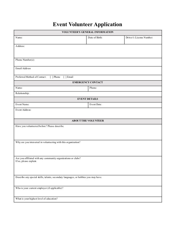 PDF Template - event volunteer application template